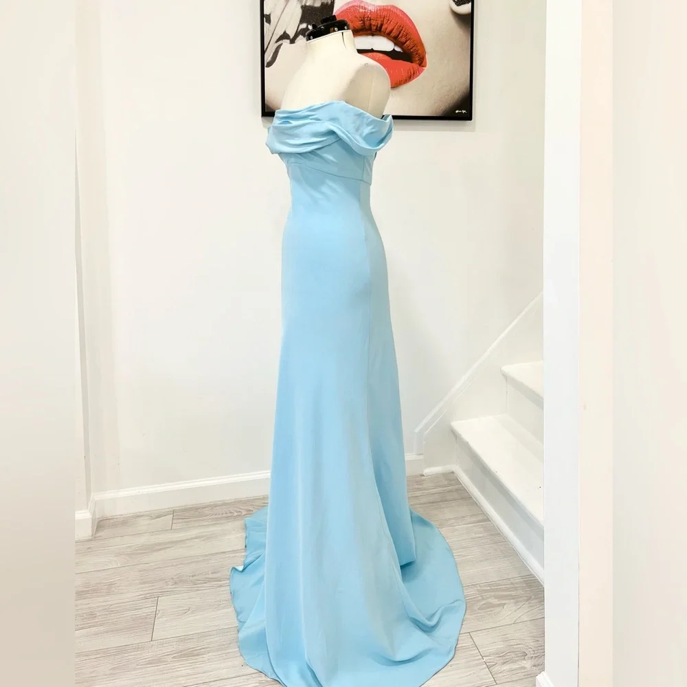 Monique Lhuillier Collection Draped Off-The-Shoulder Silk Gown Blue Maxi Dress - Picture 7 of 15